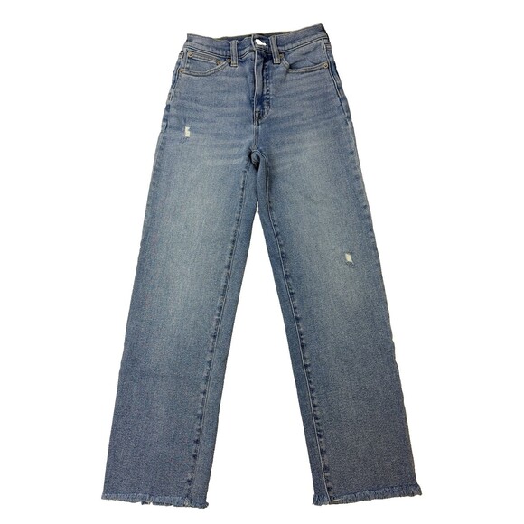 Denim - J Crew Stovepipe Jeans Womens 24 High Rise Straight Raw Hem Light Wash Stretch